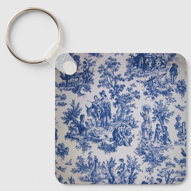 French toile de jouy blue and white elegant keychain (Front)