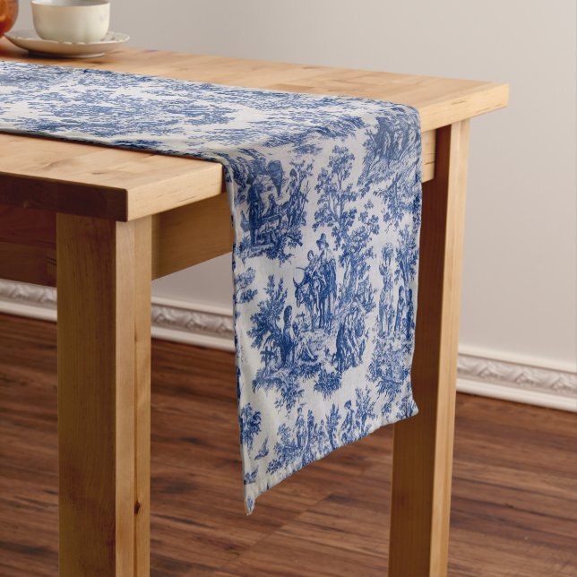 French toile de jouy blue and white elegant long table runner (In Situ)