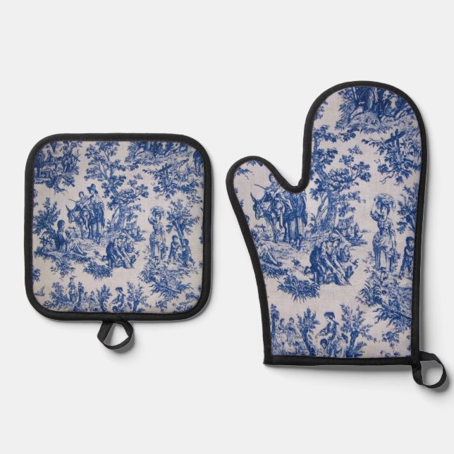 French toile de jouy blue and white elegant oven mitt & pot holder set (Front)