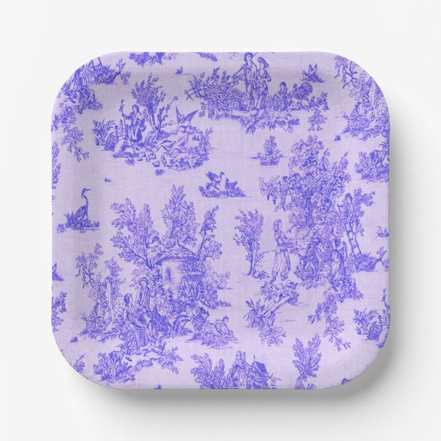 French toile de jouy blue and white elegant paper plate (Front)