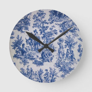 French toile de jouy blue and white elegant round clock