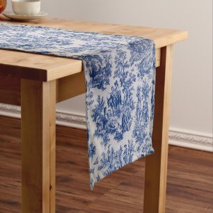 French toile de jouy blue and white elegant short table runner