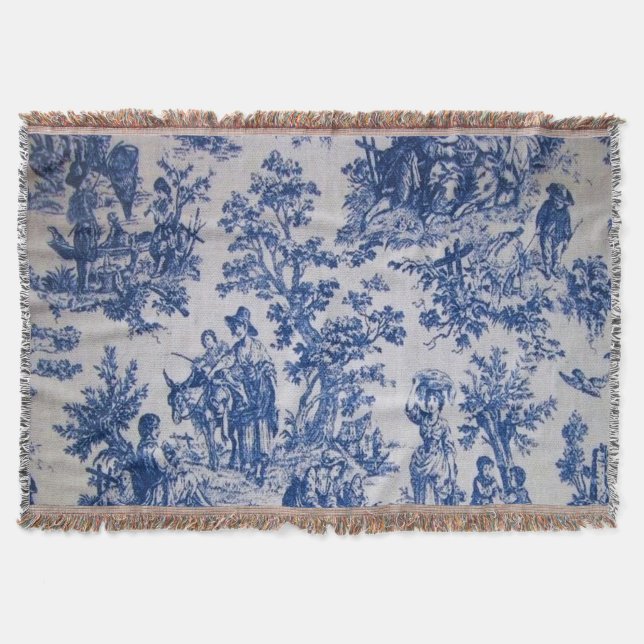 French toile de jouy blue and white elegant throw blanket (Front)