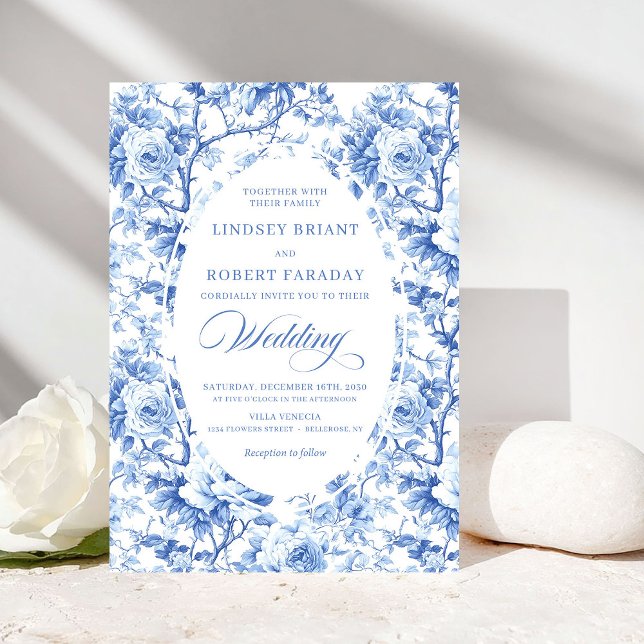 French Toile de Jouy Blue Roses Elegant Wedding  Invitation (French Toile de Jouy Blue Roses Elegant Wedding Invite)