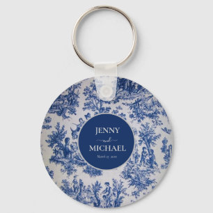 French Toile de Jouy Blue White Elegant Wedding Keychain