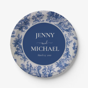 French Toile de Jouy Blue White Elegant Wedding Paper Plate