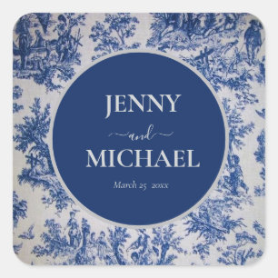 French Toile de Jouy Blue White Elegant Wedding  Square Sticker