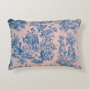 French toile de jouy pink and blue elegant accent pillow
