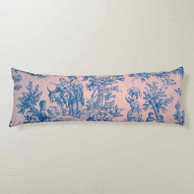 French toile de jouy pink and blue elegant body pillow (Front)