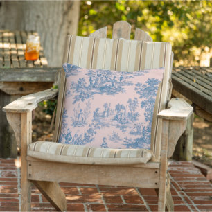 French toile de jouy pink and blue elegant patio outdoor pillow
