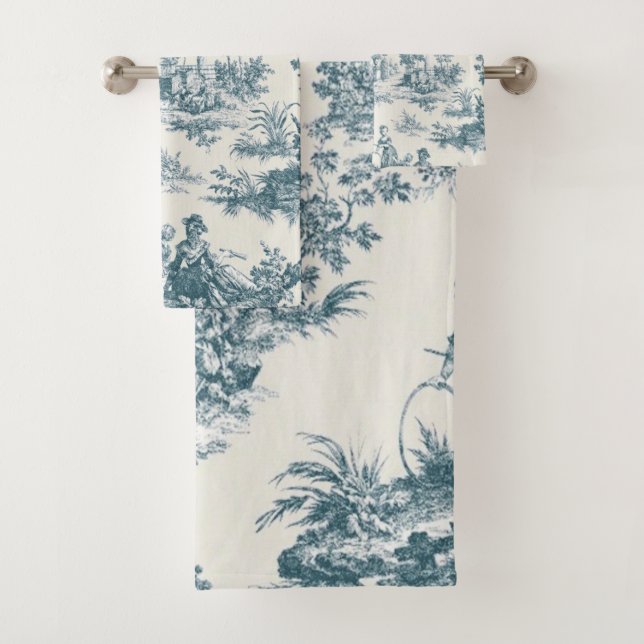 French toile de jouy sage green elegant bath towel set (Insitu)