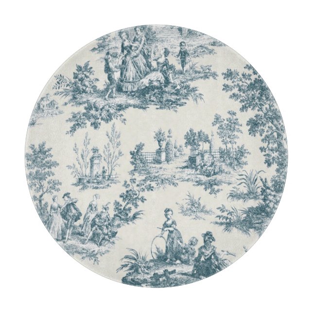 French toile de jouy sage green elegant glass cutting board (Front)