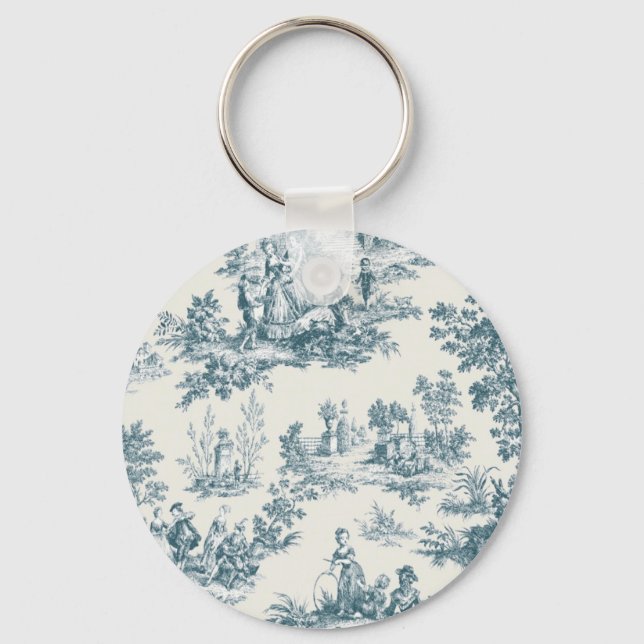 French toile de jouy sage green elegant keychain (Front)
