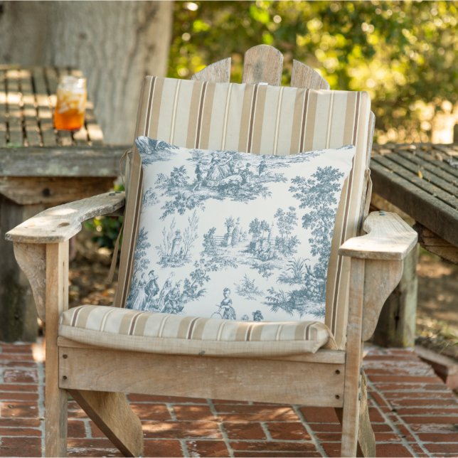 French toile de jouy sage green elegant patio outdoor pillow (Chair)