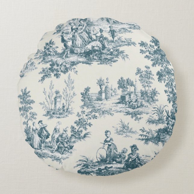 French toile de jouy sage green elegant round pillow (Front)