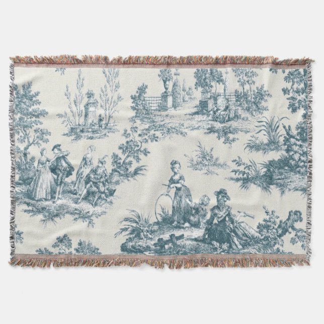 French toile de jouy sage green elegant throw blanket (Front)