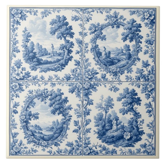French Toile De Juoy Pastoral Rustic Country Blue  Tile (Front)