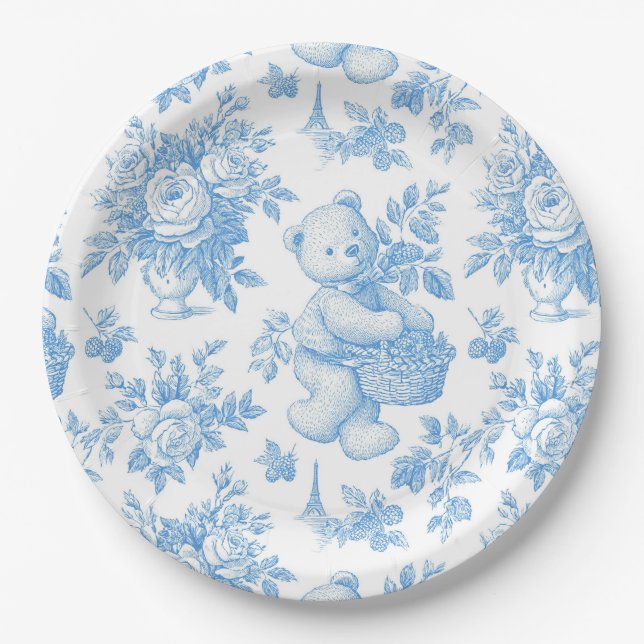 French Toile Floral Bear Baby Shower Paper Plate (Front)