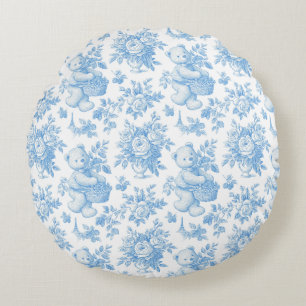 French Toile Floral Bear Baby Shower Round Pillow