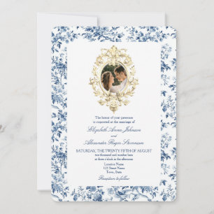 French Toile Floral Dusty Blue Photo Wedding Invitation