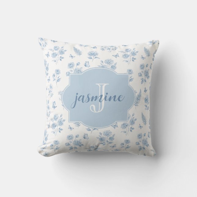 French Toile Monogram Name Watercolor Blue Pattern Throw Pillow (Front)