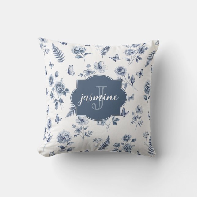 French Toile Monogram Name Watercolor Blue Pattern Throw Pillow (Front)