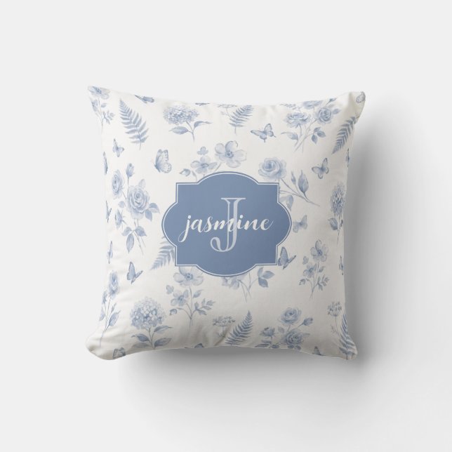 French Toile Monogram Name Watercolor Blue Pattern Throw Pillow (Front)