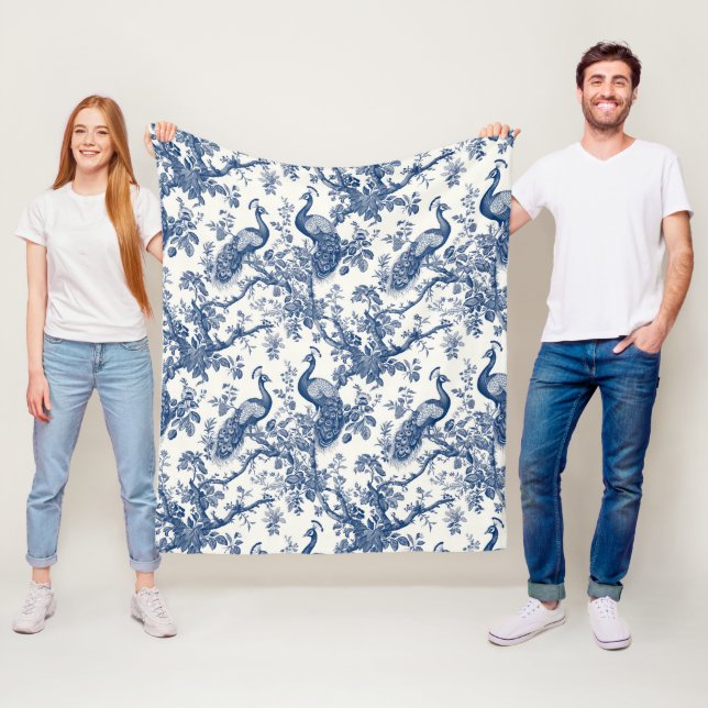 French Toile Peacock Pattern Fleece Blanket (In Situ)