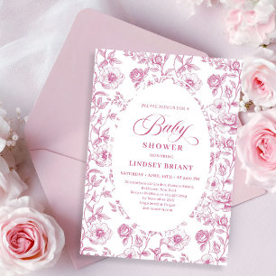 French Toile Roses Dusty Pink Baby Shower Invite