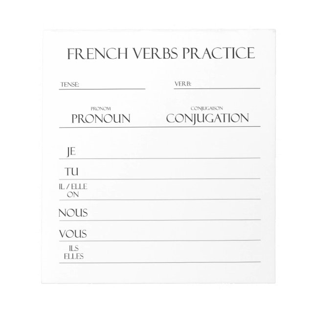 French | Verbs Conjugation Practice  Notepad (Front)