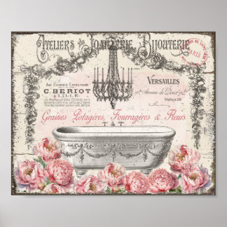 French Victorian Bathtub Peonies Chandelier Poster