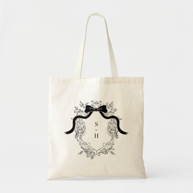 French Victorian Crest Bow Monogram Wedding Favour Tote Bag (Front)