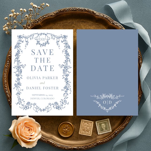 French Victorian Dusty Blue Wedding Save the Date (Créateur téléchargé)