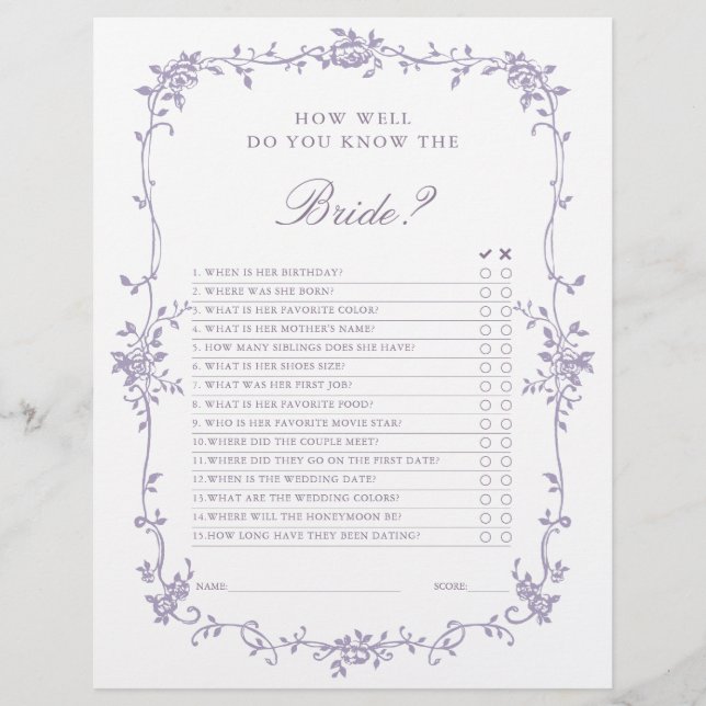 French Victorian Lavender Bridal Shower Game (Front)