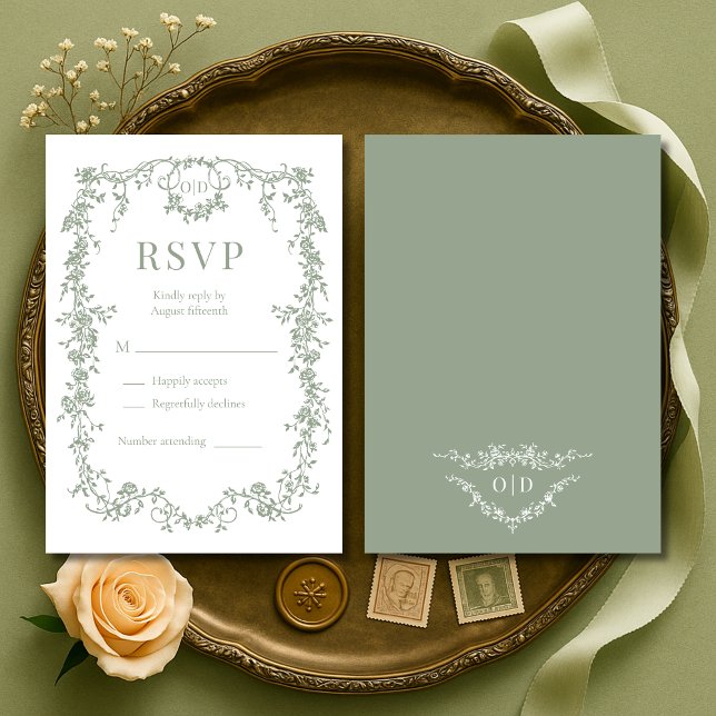 French Victorian Sage Green Wedding RSVP  Card (Creator Uploaded)
