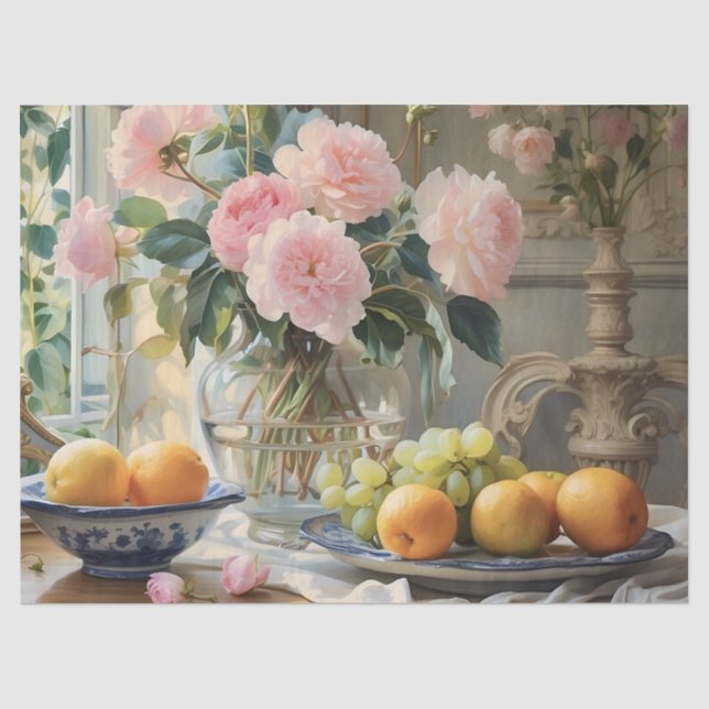 French Villa Flowers With Oranges Decoupage Tissue Paper (Front)