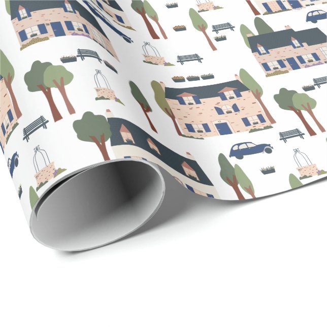 French Village House Pattern Wrapping Paper (Roll Corner)