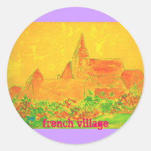 french village watercolour classic round sticker