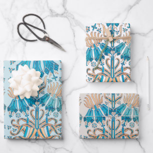 French Vintage Art Nouveau Floral Blue Cream Wrapping Paper Sheet