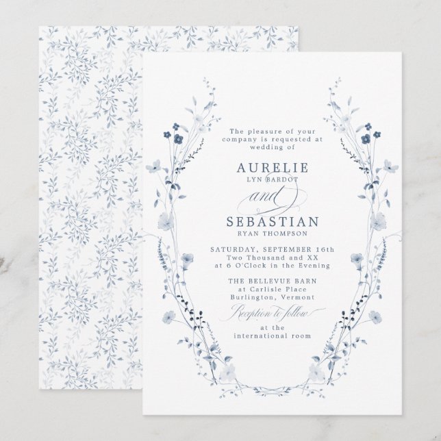 French Vintage Blue Floral Wedding Invitation (Front/Back)