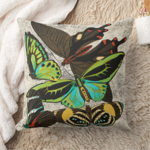 French Vintage Butterfly Botanical Art Throw Pillow