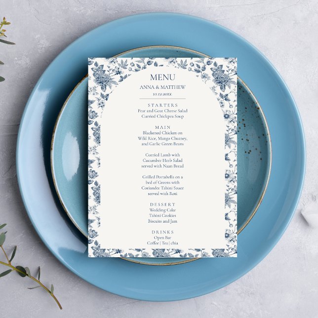 French Vintage Chinoiserie Floral Blue Wedding Menu (Chinoiserie Dusty Blue Victorian French Vintage Floral Wedding Menu with Arch)