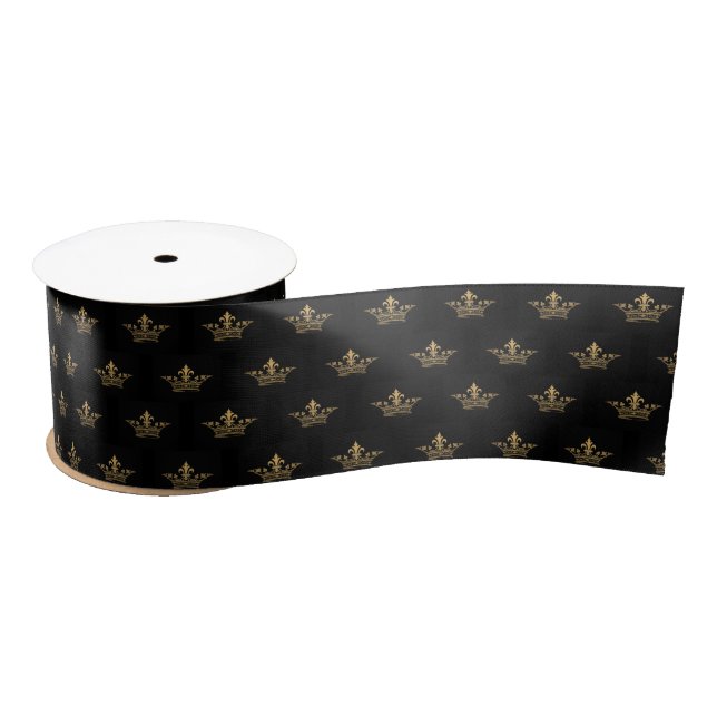 French Vintage Crown Metallic Gold Black Satin Ribbon (Spool)