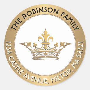 French Vintage Crown Metallic Gold Return Address  Classic Round Sticker