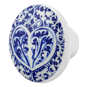 French Vintage Heart - Painted in Blue on White Ceramic Knob