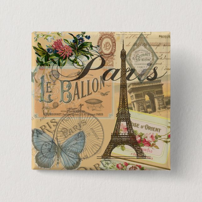 French Vintage Paris Travel 2 Inch Square Button (Front)