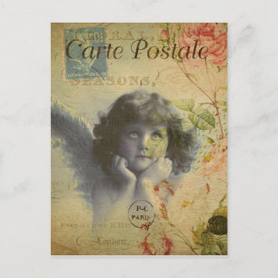 French Vintage Style Angel and Rose Postcard