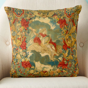 French Vintage Tapestry Jewel Tones Colourful Throw Pillow