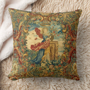 French Vintage Tapestry Jewel Tones Colourful  Throw Pillow