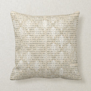 French Vintage White Damask Newsprint Throw Pillow